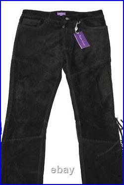 Ralph Lauren Purple Label Slim Black Leather Fringed Suede Western Pants NWT