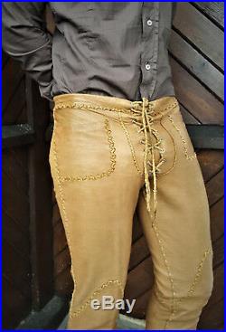 Rare Brown Men Vintage North Beach Leather Tan Braided Pants 33 32 Elvis Hot Gay