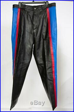 Rare Claude Montana Black Blue Red Leather Uniform Riding Pants sz 52 US 34 36
