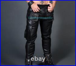 Real Leather Pants Men Cargo Trouser Real Kink Cow skin Black soft Jeans Pockets
