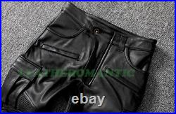 Real Leather Pants Men Comfort Black Pleated Biker 6 Pockets Trouser Men