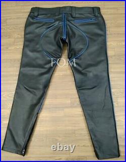 Real Leather Pants Mens Punk Kink Jeans BLUF Gay Trousers Adult Biker Pants