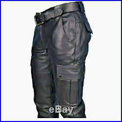 Real Men's Bikers Leather Pants Plain Cargo Pockets 100% Lamb Leather Pants