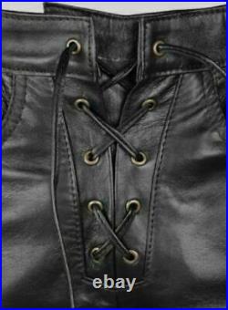 Real Men's Cowhide Leather Pants Side Laced Up Bikers Jeans Pants Size (28-48)