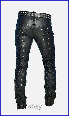 Real Men's Leather Pants Front & Back Laced Up Black Bikers 100% Cowhide Leather