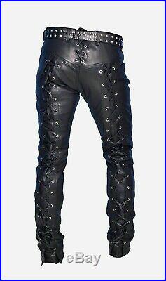 Real Men's Leather Pants Front & Back Laced Up Black Bikers 100% Lamb Leather