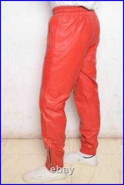 Real Red Leather Pants Men's Genuine Trousers Leather Soft Lambskin Casual Wear
