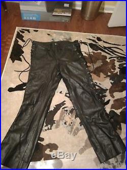 Rubio of New York Men's Black Leather Pants with Side Lacing Fetish, Gay