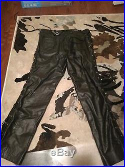 Rubio of New York Men's Black Leather Pants with Side Lacing Fetish, Gay