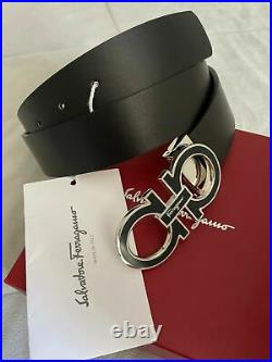 Salvatore Ferragamo Black Leather Men's Belt Double Gancini Silver Buckle