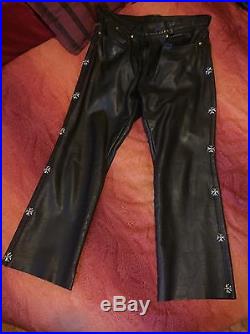 Schott perfecto Mens Black Leather Pants with Chrome Crosses