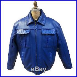 Set! Men's Leather Jacket & Denim Pants With Alligator Trimming, Royal Blue, XXL