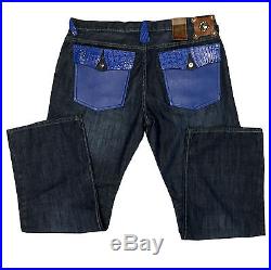 Set! Men's Leather Jacket & Denim Pants With Alligator Trimming, Royal Blue, XXL