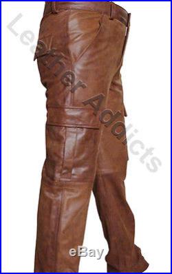 Sexy Mens Real Brown Skipper Leather 6 Pockets Cargo Pants Jeans -(cargo2-brw)