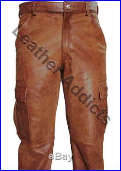 Sexy Mens Real Brown Skipper Leather 6 Pockets Cargo Pants Jeans -(cargo2-brw)