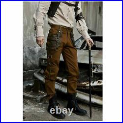 Steampunk Men's Victorian Brown Costume Cargo Pants with Faux Leather Pockets S-2X