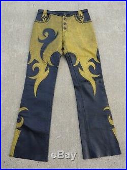 Steelo Stingray Shagreen Genuine Leather Black Yellow Pants Trousers Mens 32 33