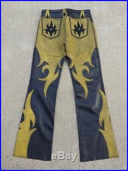 Steelo Stingray Shagreen Genuine Leather Black Yellow Pants Trousers Mens 32 33