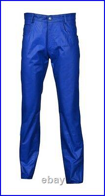 The Biker'Men's Genuine Leather Pant Jeans Style 5 Pockets Motorbike Blue Pants