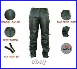 The Biker Men's Motorbike Cow Leather Jeans Style Side Laces Nightclub Pant