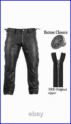 The Biker'Men's Waist Side Short Laces GENUINE COW LEATHER Black Jean Pants