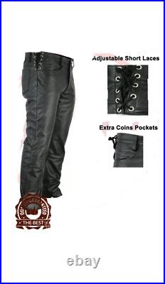 The Biker'Men's Waist Side Short Laces GENUINE COW LEATHER Black Jean Pants