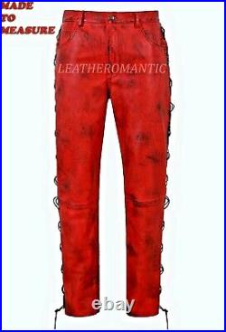Top Men's Leather Pant Real Leather Trouser Red Waxed Side Lace Bluf