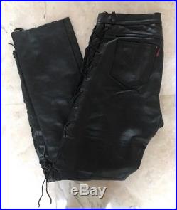 VANGUARD Mens Motorcycle Lace Up Heavy Leather Pants Waist 36 Inseam 32 Black