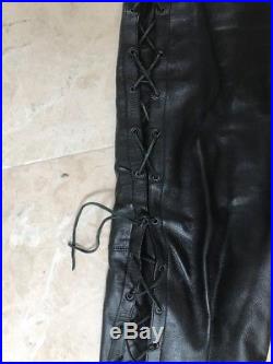 VANGUARD Mens Motorcycle Lace Up Heavy Leather Pants Waist 36 Inseam 32 Black
