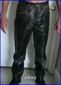 VINTAGE 2BU Wear Black Leather Biker Pants Button Fly San Francisco 30W x 30L