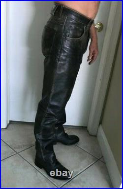 VINTAGE 2BU Wear Black Leather Biker Pants Button Fly San Francisco 30W x 30L