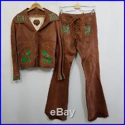 VTG 70s North Beach Leather Whipstitch Jacket & Pants Mens SZ XS Womens Boho Q