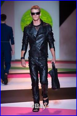 Versace Mens Fashion Show Runway Black Leather Pants Size 50 IT Waist 32 33 34