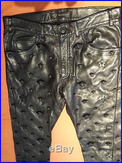 Versace Mens Fashion Show Runway Black Leather Pants Size 50 IT Waist 32 33 34