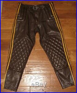 Vintage 1975 New Leather Motorcycle Pants Brown withYellow Stripes Size 38 Men