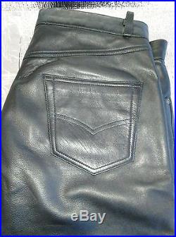 Vintage 1996, Genuine Leather Black Pants Bikers Jeans style Unhemmed, Men 34/33