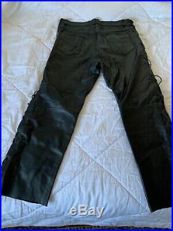 Vintage BONUS ITALIAN FASHIONS Men's Black Real Leather Pants Sz 38 Biker Laced