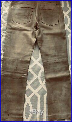 Vintage MIU MIU X PRADA Distressed Painted Brown/ Cream MENS Leather Pant IT 46