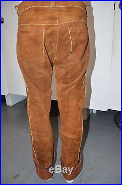 Vintage Men's Brown Suede Pants Size 32 with Leather Buttons