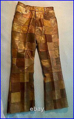 Vintage Patchwork Leather Pants Jeans Brown Tan Men 34 x 30 Retro