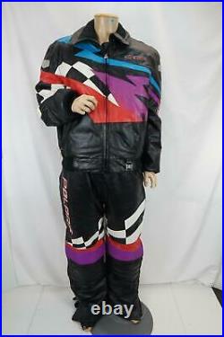 Vintage Polaris Men Leather Snowmobile 2 Piece Suit Jacket Pants Multicolor L