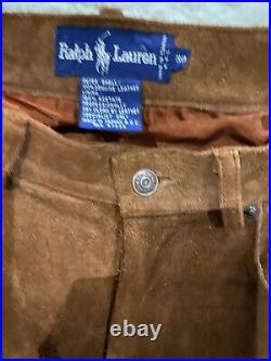 Vintage Polo Ralph Lauren Pants Genuine Leather Dungarees Brown Cowboy Size 30