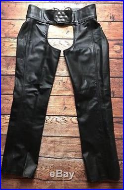 Vintage RUBIO Leather New York Mens Lace Zipper Black Chaps Size 34