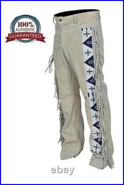 Vipzi Men's Native American Genuine Suede Leather Fringe Pants Sioux Beads PLB02