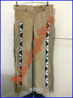 Western Beige Suede Leather Beaded Fringes Powwow Regalia 36 Waist Pant NP01