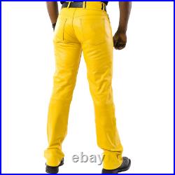 Yellow Slim Fit Skinny Casual Tight Biker Trousers Men's Sheepskin Leather Pants