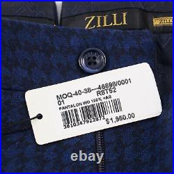 Zilli Blue Houndstooth Check Soft Wool Pants with Leather Details 43 (Eu 62)
